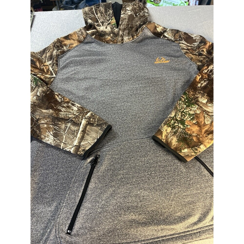 Realtree Hoodie Mens Grey Camo Zipper Pockets Hunting 2XL  Fall Sweatshirt Gray